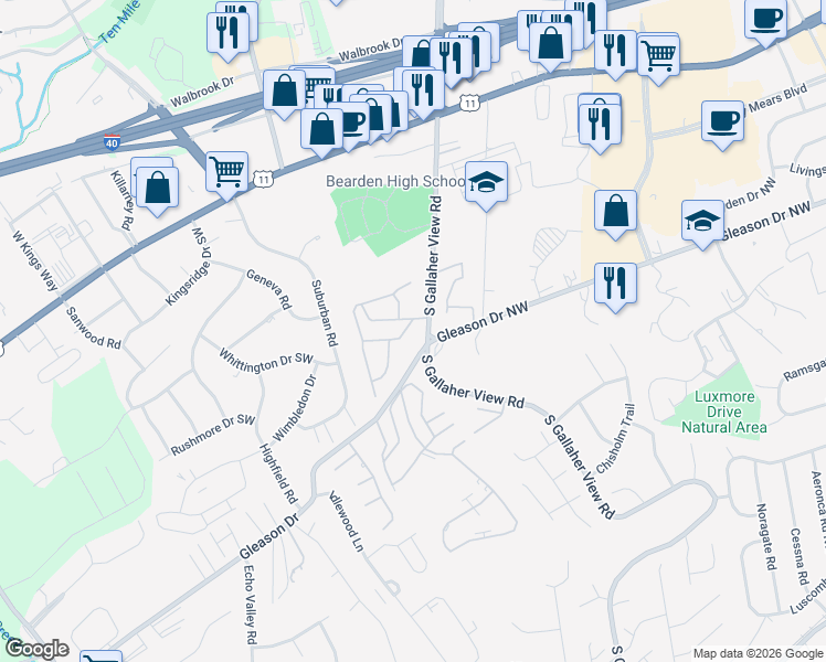map of restaurants, bars, coffee shops, grocery stores, and more near 401 South Gallaher View Road in Knoxville