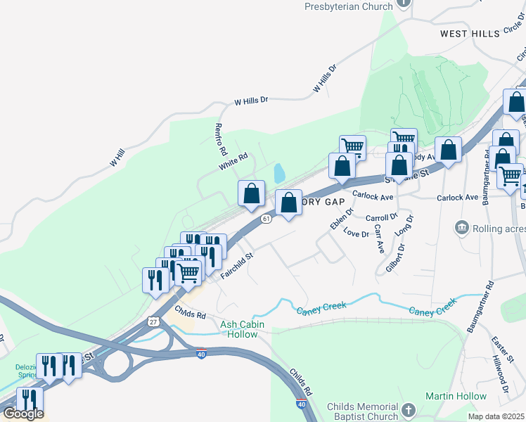 map of restaurants, bars, coffee shops, grocery stores, and more near 1805 South Roane Street in Harriman