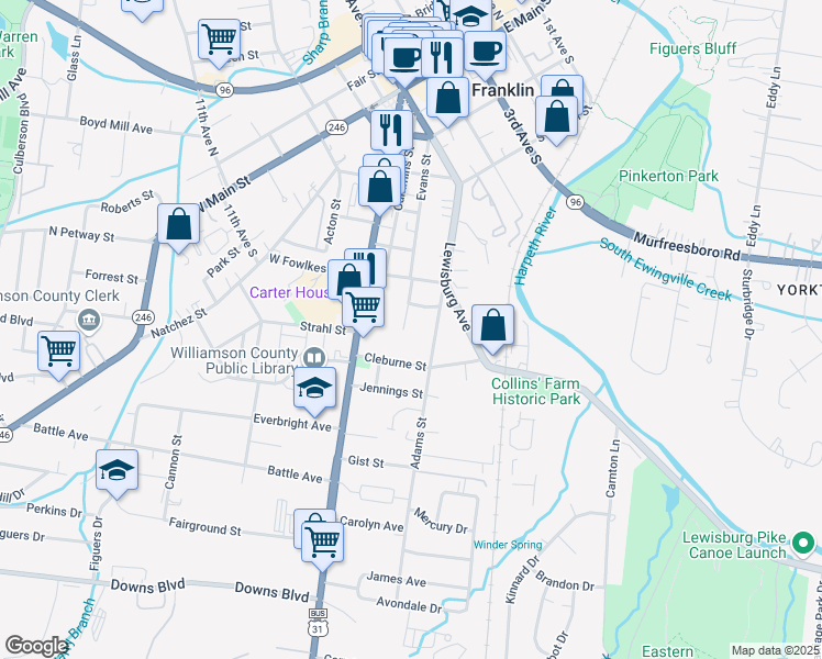 map of restaurants, bars, coffee shops, grocery stores, and more near 1119 Parkview Drive in Franklin