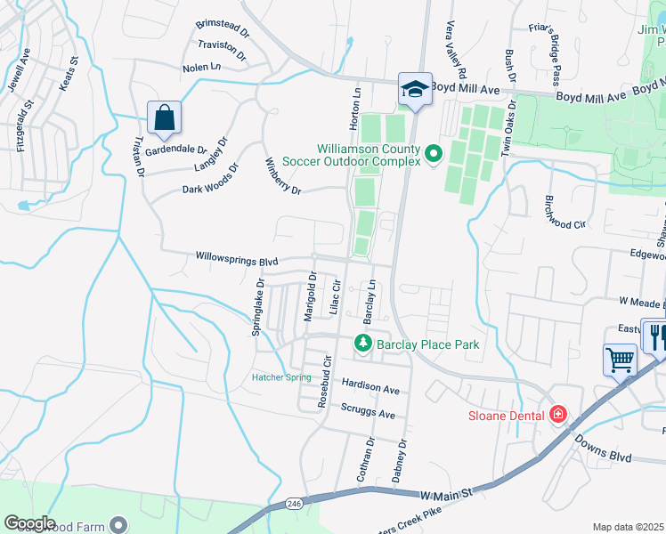 map of restaurants, bars, coffee shops, grocery stores, and more near 847 Lilac Circle in Franklin