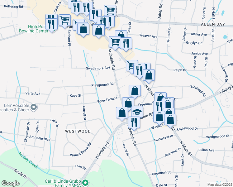 map of restaurants, bars, coffee shops, grocery stores, and more near 3204 Archdale Road in Archdale