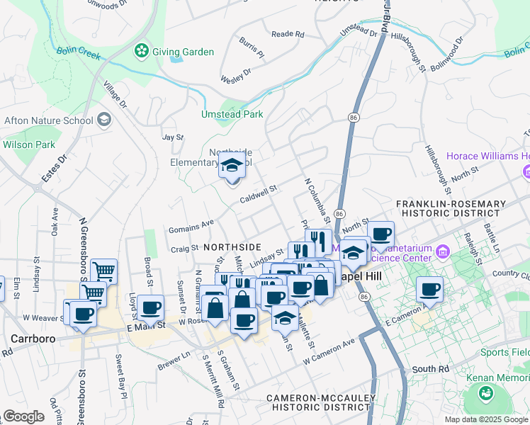 map of restaurants, bars, coffee shops, grocery stores, and more near 307 Brooks Street in Chapel Hill