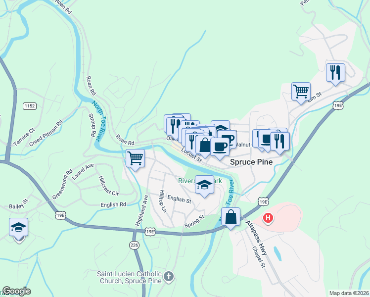 map of restaurants, bars, coffee shops, grocery stores, and more near 98 Link Street in Spruce Pine