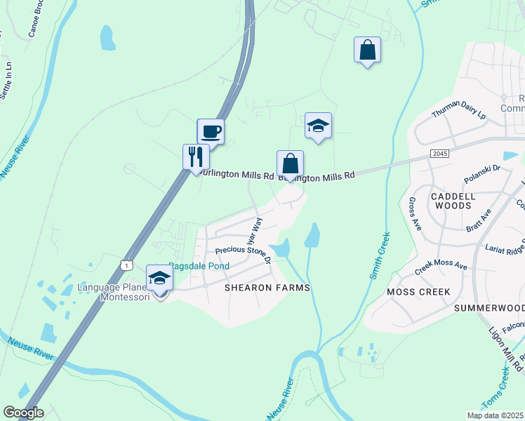 map of restaurants, bars, coffee shops, grocery stores, and more near 4505 Middletown Drive in Wake Forest