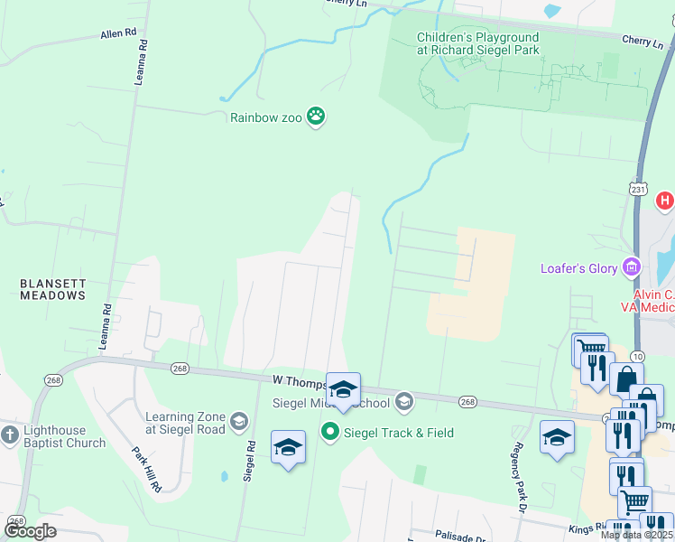 map of restaurants, bars, coffee shops, grocery stores, and more near 424 West Thompson Lane in Murfreesboro