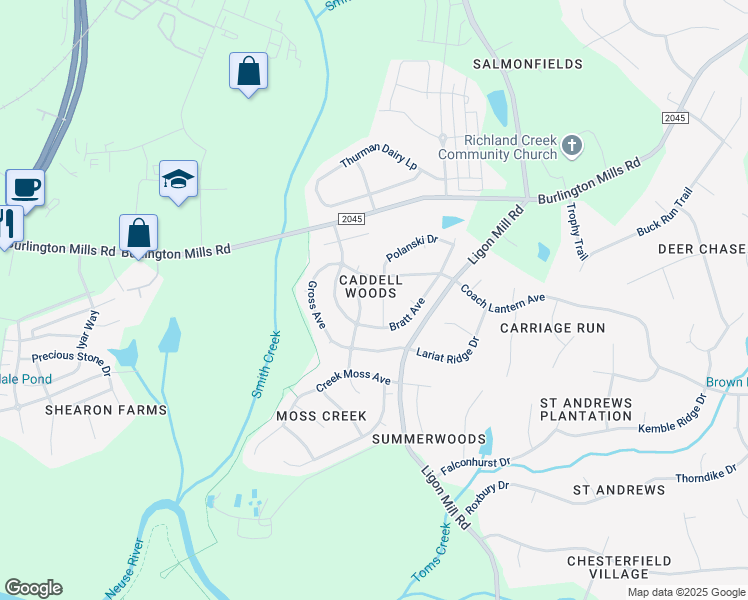 map of restaurants, bars, coffee shops, grocery stores, and more near 8817 Cochran Court in Wake Forest
