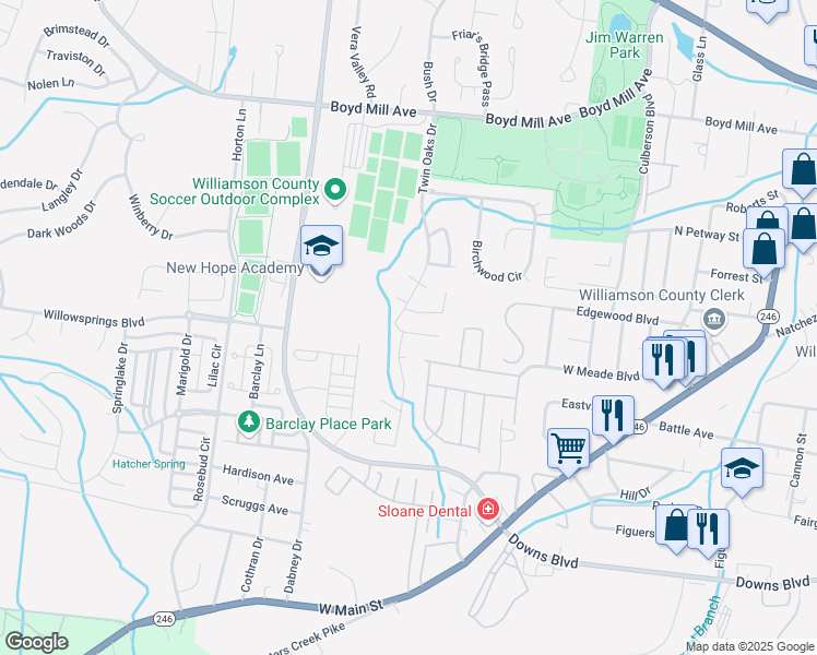 map of restaurants, bars, coffee shops, grocery stores, and more near 2101 Quail Court in Franklin