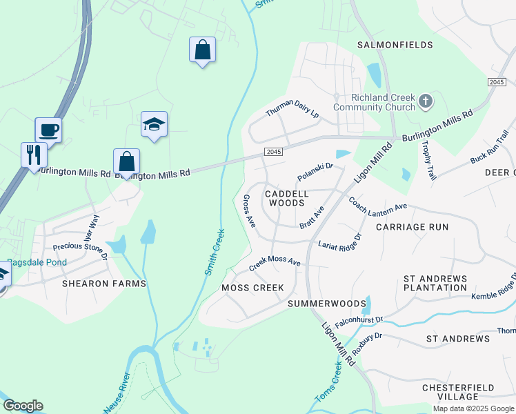 map of restaurants, bars, coffee shops, grocery stores, and more near 8322 Bratt Avenue in Wake Forest