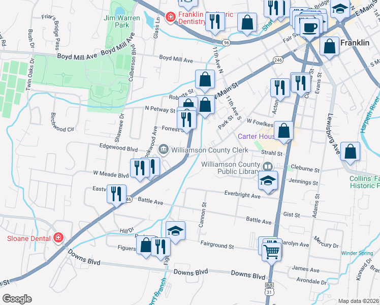 map of restaurants, bars, coffee shops, grocery stores, and more near 1253 West Main Street in Franklin