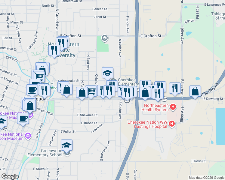 map of restaurants, bars, coffee shops, grocery stores, and more near East Ward Street in Tahlequah