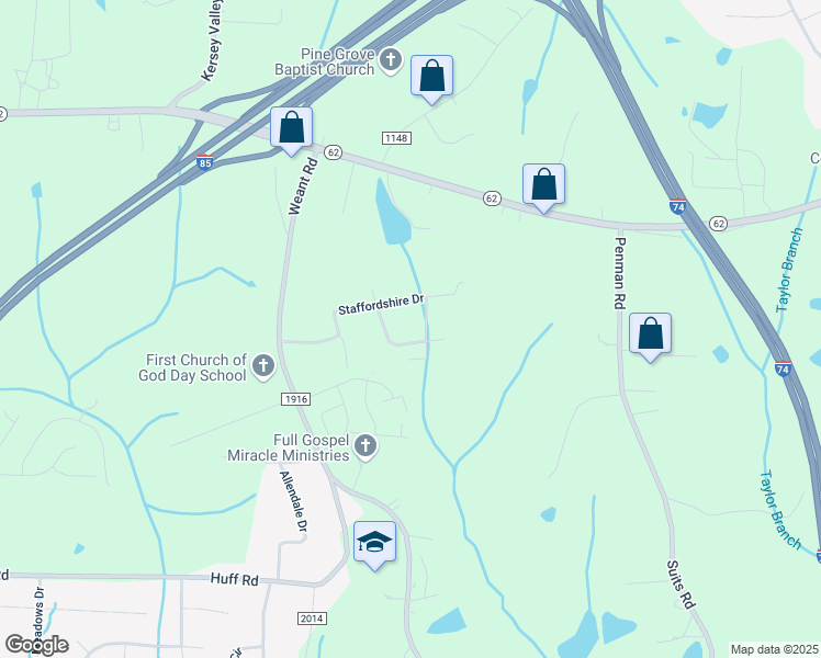 map of restaurants, bars, coffee shops, grocery stores, and more near 7108 Buxenbury Drive in High Point