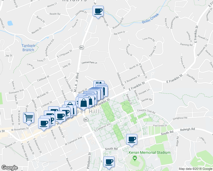 map of restaurants, bars, coffee shops, grocery stores, and more near 205 Friendly Lane in Chapel Hill