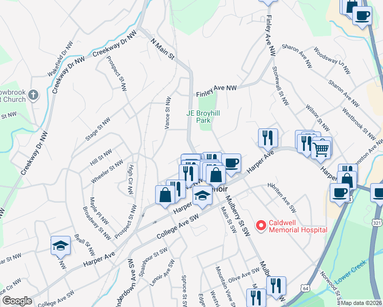 map of restaurants, bars, coffee shops, grocery stores, and more near 318 Church Street Northwest in Lenoir