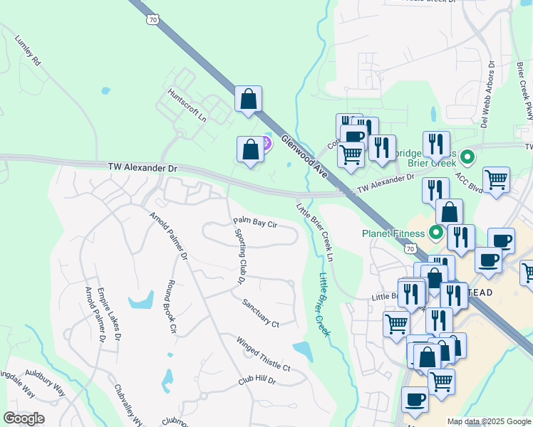 map of restaurants, bars, coffee shops, grocery stores, and more near 9236 Palm Bay Circle in Raleigh