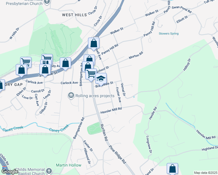 map of restaurants, bars, coffee shops, grocery stores, and more near 120 Breazeale Street in Harriman