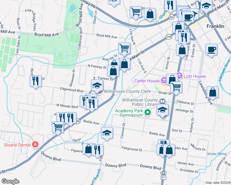map of restaurants, bars, coffee shops, grocery stores, and more near 1253 West Main Street in Franklin