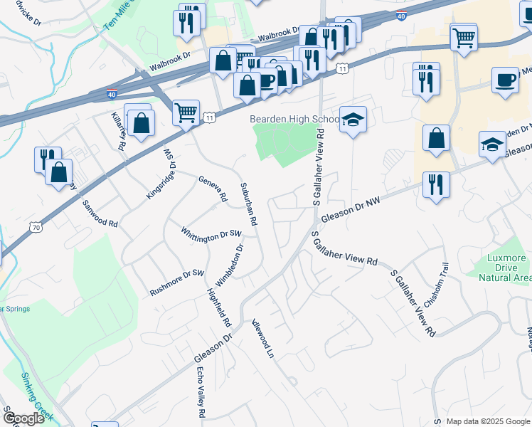 map of restaurants, bars, coffee shops, grocery stores, and more near 401 South Gallaher View Road in Knoxville