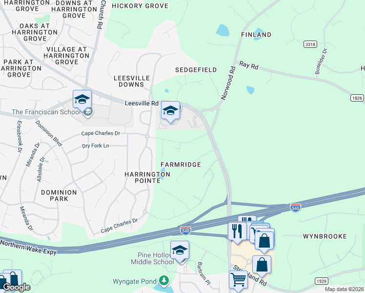 map of restaurants, bars, coffee shops, grocery stores, and more near 10804 Allen Court in Raleigh