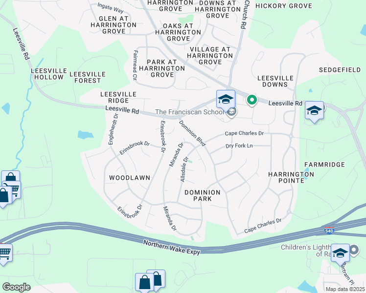 map of restaurants, bars, coffee shops, grocery stores, and more near 9624 Miranda Drive in Raleigh