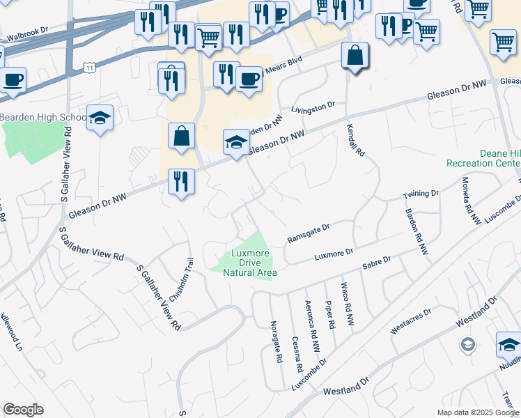 map of restaurants, bars, coffee shops, grocery stores, and more near 1001 Flanders Lane Northwest in Knoxville