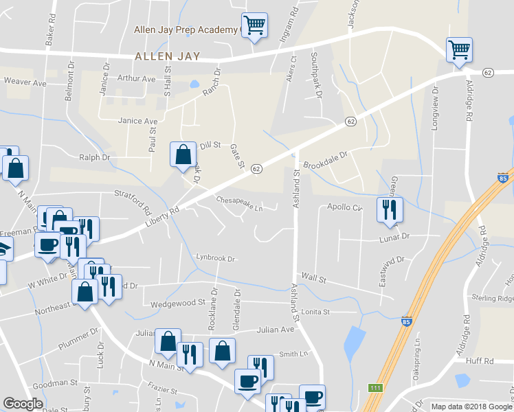 map of restaurants, bars, coffee shops, grocery stores, and more near 2001 Jefferson Court in High Point