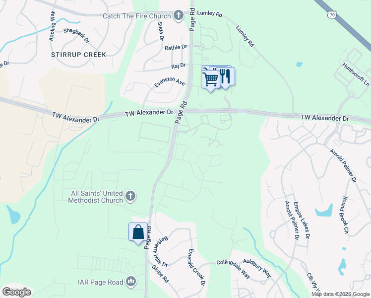 map of restaurants, bars, coffee shops, grocery stores, and more near 1118 Neighborly Way in Morrisville