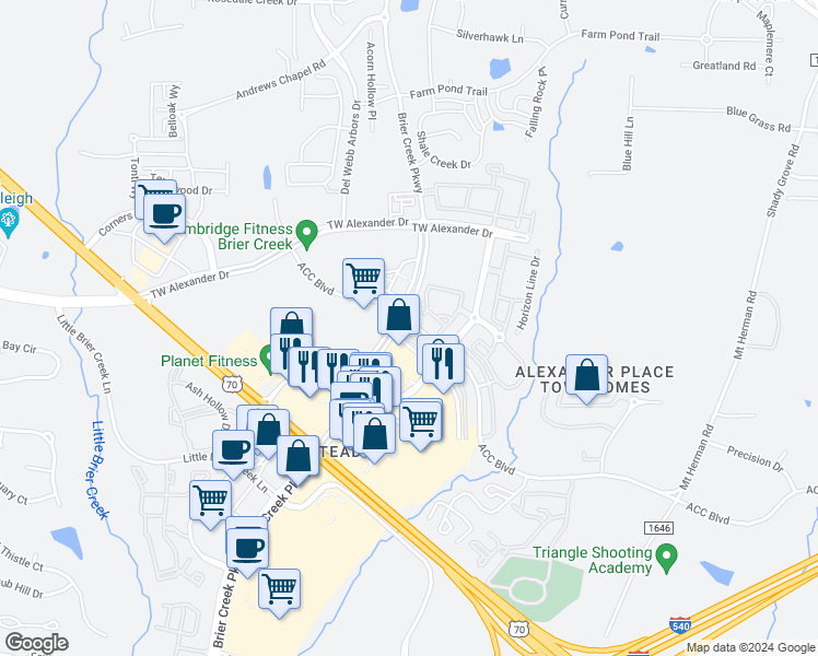 map of restaurants, bars, coffee shops, grocery stores, and more near 7835 ACC Boulevard in Raleigh