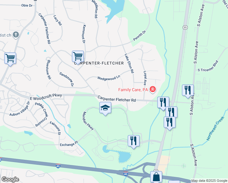 map of restaurants, bars, coffee shops, grocery stores, and more near 5815 Shannas Way in Durham