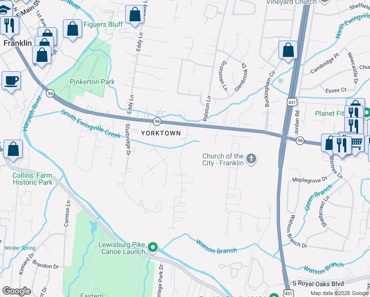 map of restaurants, bars, coffee shops, grocery stores, and more near 301 Watercress Drive in Franklin