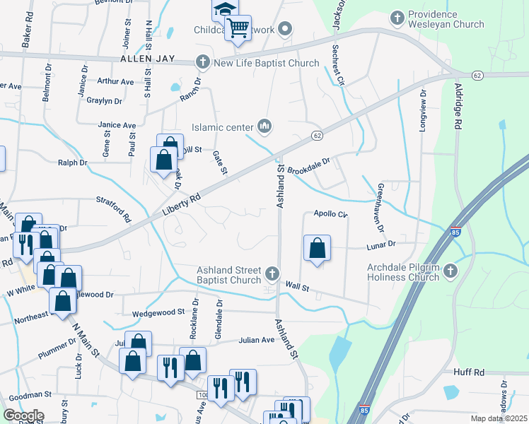 map of restaurants, bars, coffee shops, grocery stores, and more near 1206 Chesapeake Lane in Archdale