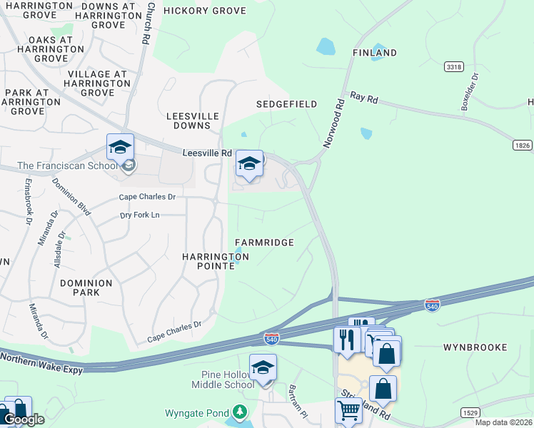 map of restaurants, bars, coffee shops, grocery stores, and more near 10804 Allen Court in Raleigh