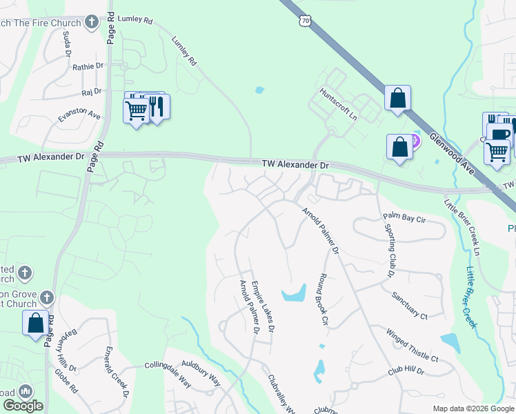 map of restaurants, bars, coffee shops, grocery stores, and more near 10721 Arnold Palmer Drive in Raleigh