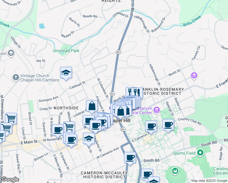 map of restaurants, bars, coffee shops, grocery stores, and more near 117 North Street in Chapel Hill