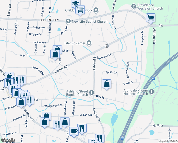 map of restaurants, bars, coffee shops, grocery stores, and more near 1206 Chesapeake Lane in Archdale