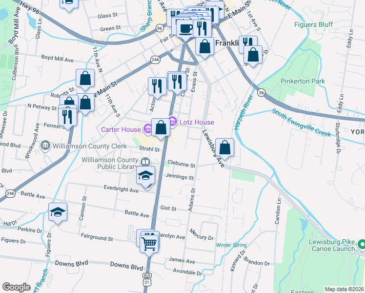 map of restaurants, bars, coffee shops, grocery stores, and more near 1219 Columbia Avenue in Franklin