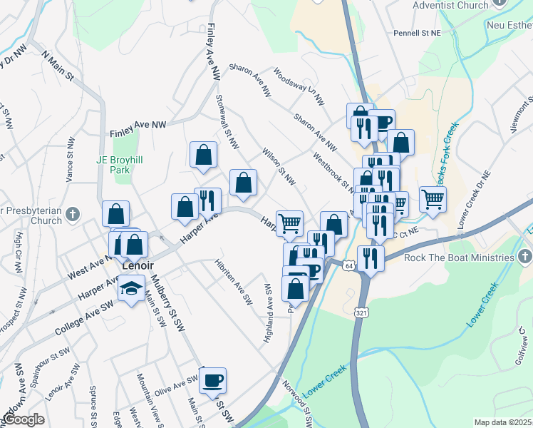 map of restaurants, bars, coffee shops, grocery stores, and more near 370 Harper Avenue Northwest in Lenoir