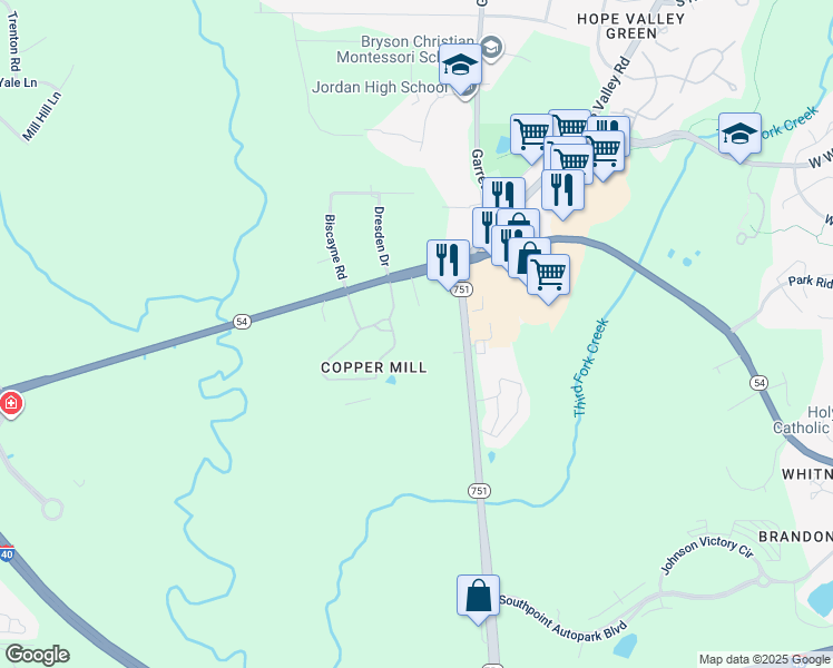 map of restaurants, bars, coffee shops, grocery stores, and more near 1415 North Carolina 54 in Durham