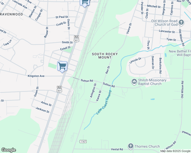 map of restaurants, bars, coffee shops, grocery stores, and more near 379 Myrtle Avenue in Rocky Mount
