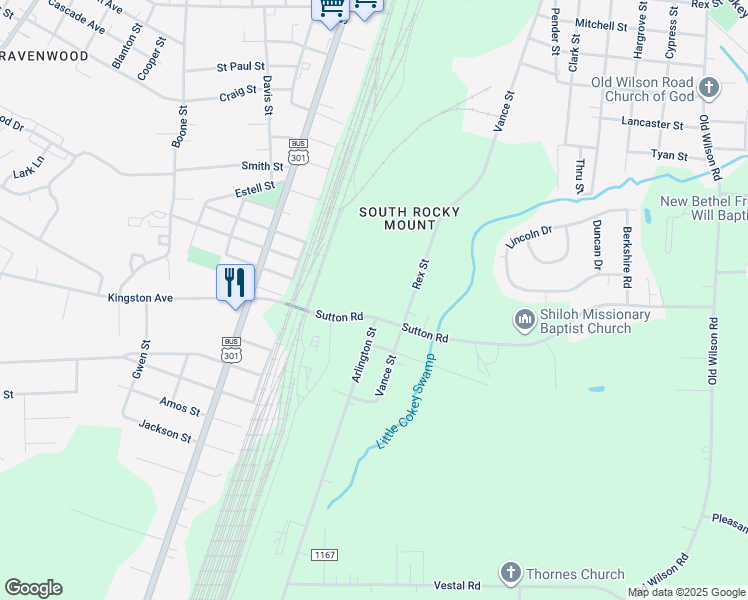 map of restaurants, bars, coffee shops, grocery stores, and more near 379 Myrtle Avenue in Rocky Mount