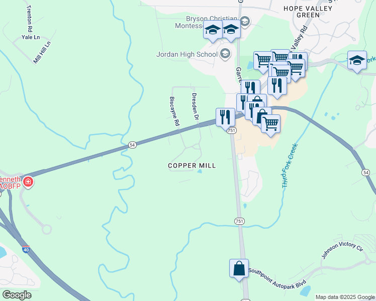 map of restaurants, bars, coffee shops, grocery stores, and more near 5140 Copper Ridge Drive in Durham