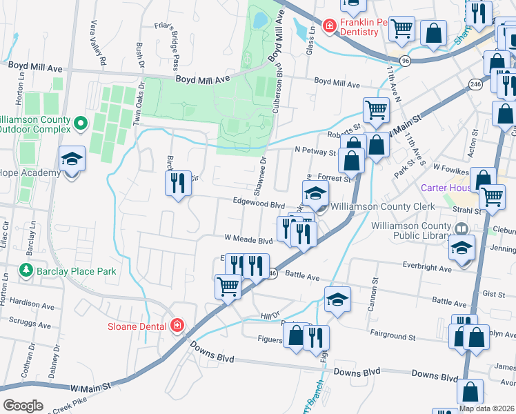 map of restaurants, bars, coffee shops, grocery stores, and more near 1252 Chickering Drive in Franklin
