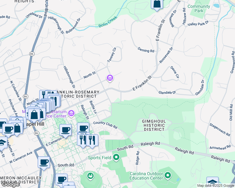 map of restaurants, bars, coffee shops, grocery stores, and more near 620 East Franklin Street in Chapel Hill