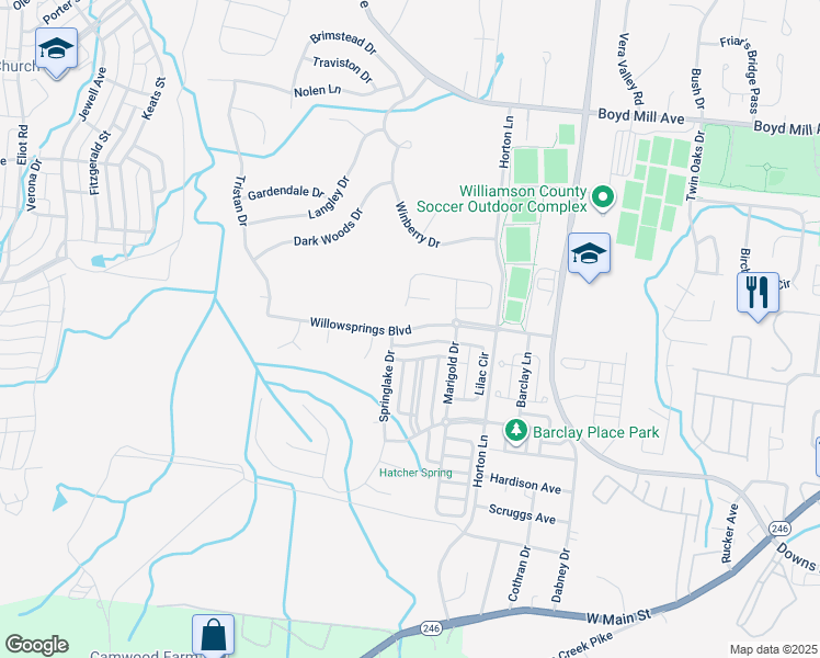 map of restaurants, bars, coffee shops, grocery stores, and more near 809 Willowsprings Boulevard in Franklin