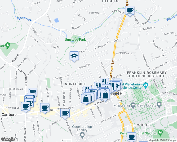 map of restaurants, bars, coffee shops, grocery stores, and more near 511 Church Street in Chapel Hill