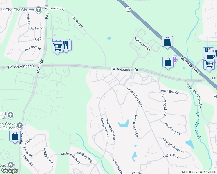 map of restaurants, bars, coffee shops, grocery stores, and more near 10721 Arnold Palmer Drive in Raleigh