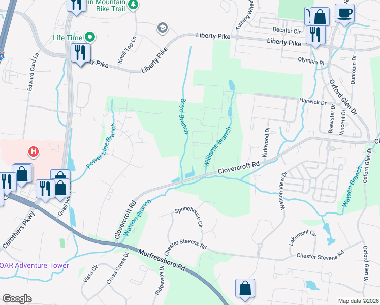 map of restaurants, bars, coffee shops, grocery stores, and more near 4038 Clovercroft Road in Franklin