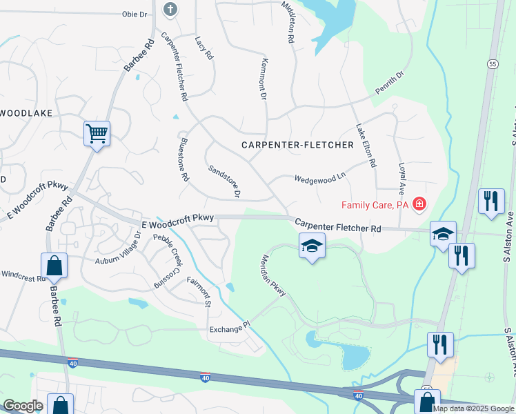 map of restaurants, bars, coffee shops, grocery stores, and more near 1016 Bluestone Road in Durham