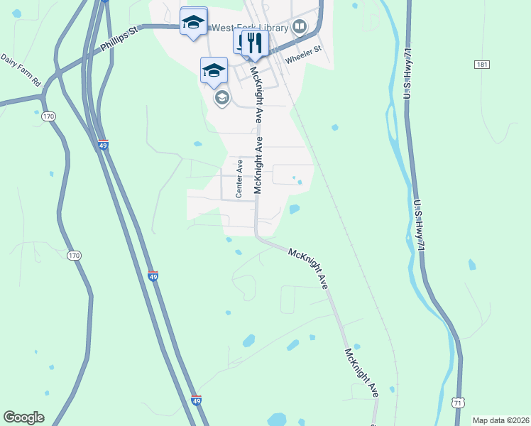 map of restaurants, bars, coffee shops, grocery stores, and more near 266 Kelley Place in West Fork