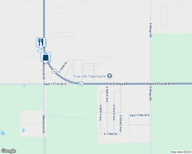map of restaurants, bars, coffee shops, grocery stores, and more near 17042 South 88th East Avenue in Bixby