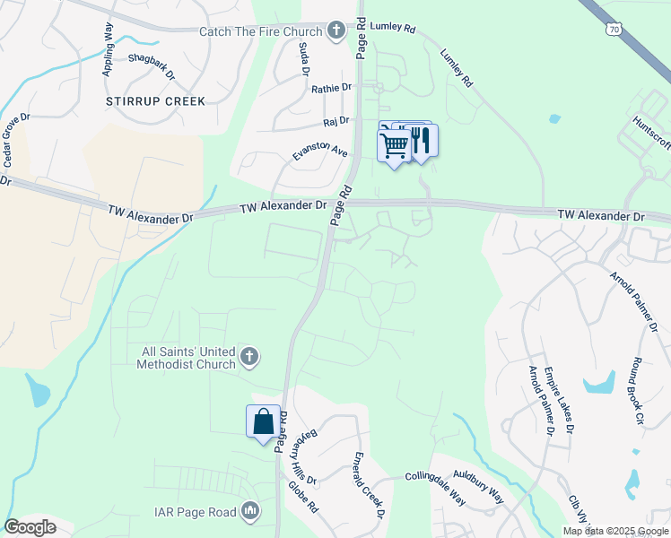 map of restaurants, bars, coffee shops, grocery stores, and more near 1102 Neighborly Way in Morrisville